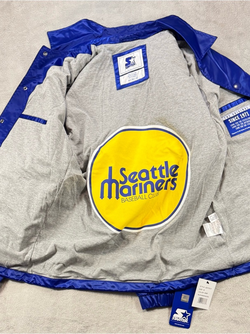 NWT Starter Seattle Mariners Satin Jacket Retro Trident Spellout Blue Size M MLB - Picture 5 of 5